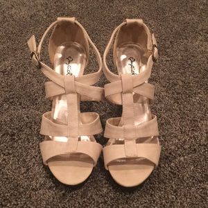 beige strapped heeled sandals